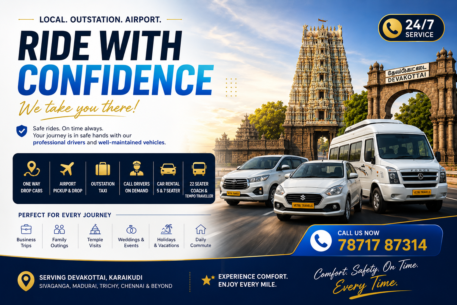 Outstation Taxi Service from Devakottai to Chennai, Madurai, Trichy