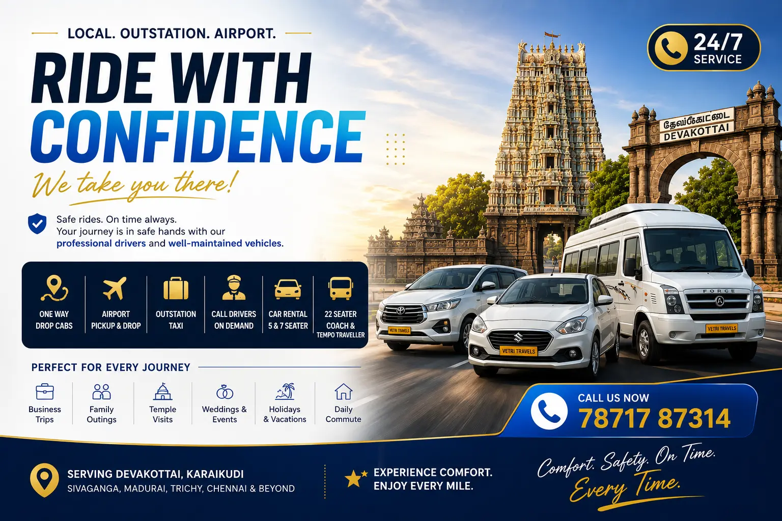 Outstation Taxi Service from Devakottai to Chennai, Madurai, Trichy